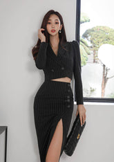 Striped Long Sleeve Two-Piece Suit High Slit Skirt S / Black